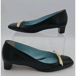 Frances Valentine May Mini Block Heel Black Leather Cream Bow US 7.5 B